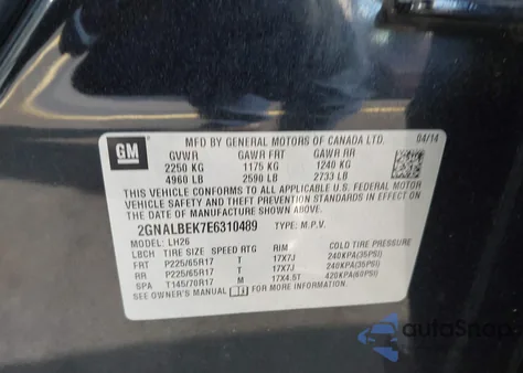 2014 Chevrolet Equinox 1Lt из США, поврежденный, VIN 2GNALBEK7E6310489